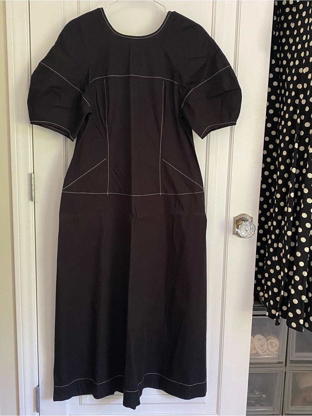 Madewell: Black Puff-Sleeve Midi Dress with Contrast Stitching